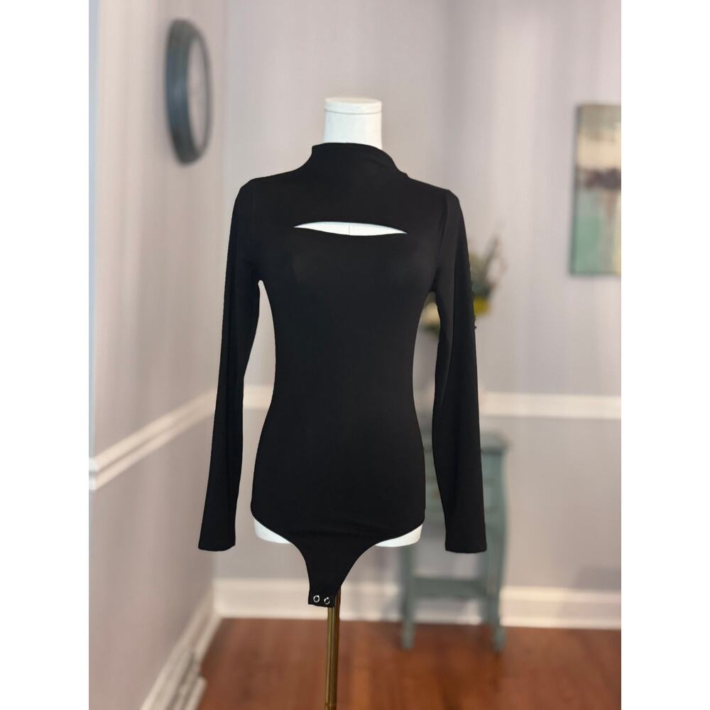 Black Express Body Contour Mock Neck Cutout Bodysuit Size S